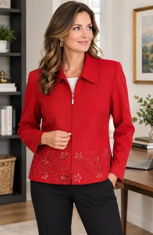 Vintage Plaza South Red Floral Embroidered Zip Up Jacket Size 14 Y2K Feminine thumbnail 1