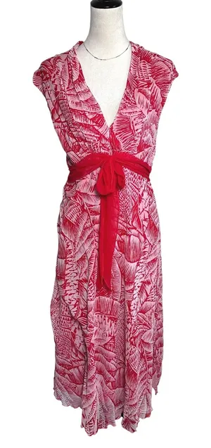 Jonathan Martin Red Silk Tropical Palm Print Resortwear Vacation Midi‎ Dress 16 thumbnail 1