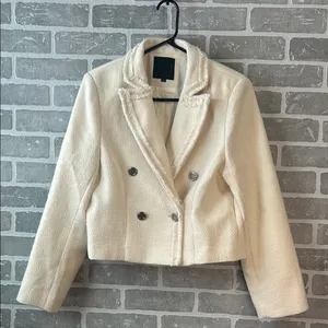Mina Self Cream‎ Cropped Tweed Blazer Jacket Double Breasted Size L thumbnail 2