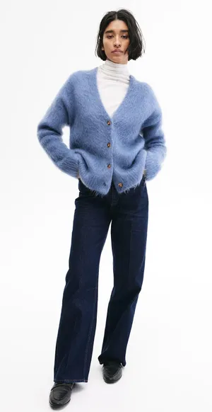 LOFT Soft Fuzzy Cardigan - Dusty Blue thumbnail 3