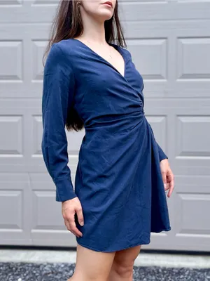 Mango Navy Linen Blend Long Sleeve Wrap Dress Large thumbnail 4