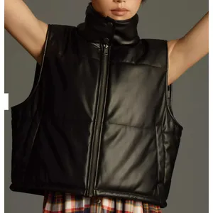 Anthropologie Faux Leather Puffer Vest Black Cropped Full Zip Pockets Size Small thumbnail 10