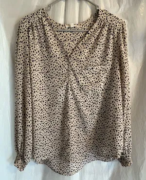 Pleione Women's Blouse Sz Medium Black & Cream Dotted Pullover Long‎ Sleeve Work thumbnail 1