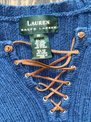 Lauren Ralph Lauren Navy Ribbed linen blend Lace-Up V-Neck Sweater thumbnail 2