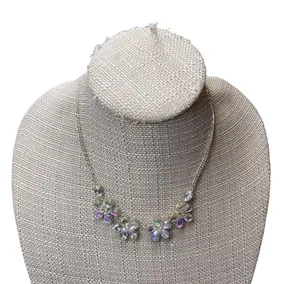 Clear Flowers Floral Rhinestone Irrdescident Silver Tone Necklace. thumbnail 5
