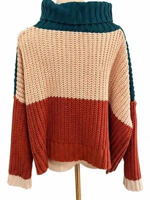 POL Oversized Chunky Knit Color Block Turtleneck Sweater Teal Cream Rust Medium thumbnail 3