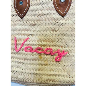 POOLSIDE Woven Straw Open Tote Pink “VACAY” Text Leather Handle Tote Purse thumbnail 7