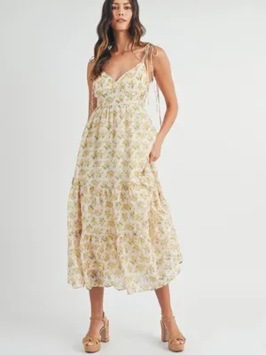 Floral print double self tie spaghetti strap tiered midi dress. Medium thumbnail 3