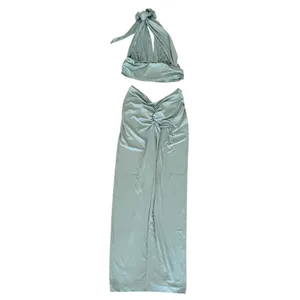 Women's Two Piece Maxi Skirt with Halter Top in Green, Size XL​​ thumbnail 2