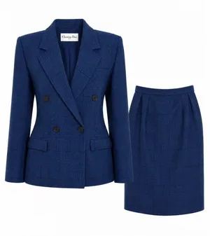 Christian Dior The Suit Vintage Blue Glen Plaid Skirt Set Double Breasted Size 8 thumbnail 1
