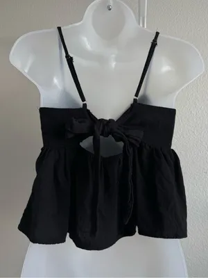 Newbury Kustom Black Linen Blend Lace Trim Peplum Cami Top Open Tie Back Small thumbnail 2