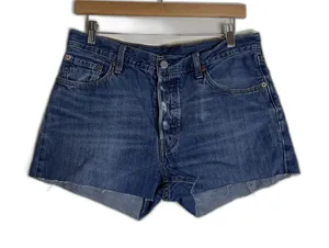 Levis 501 Shorts Womens 29 Blue Denim High Rise Button Fly Distressed Raw‎ Hem thumbnail 1