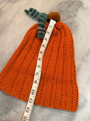 Handmade Crochet Pumpkin Beanie Orange Ribbed Hat Green Vine Pom Pom Fall thumbnail 5
