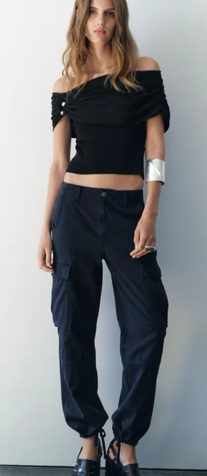 Zara navy‎ blue cotton cargo utility pants thumbnail 1