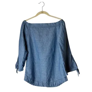 Free People Shirt Women XS Blue Off‎ The Shoulder Chambray Tie Cuff Top Boho thumbnail 3