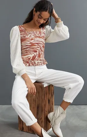 Love the Label by Anthropologie Zebra Long Sleeve Smocked Crop Top Size XS‎ thumbnail 1