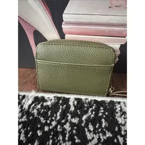 Nanette Lepore Olive Green Pebbled Leather Card Holder with Gold Logo thumbnail 2