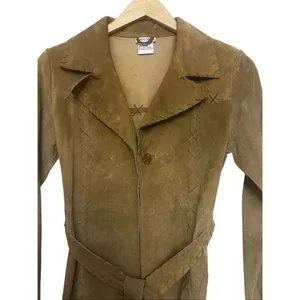 Vintage Y2K Wet Seal Leather Trench Coat Women’ Brown Suede Fringe Boho Western thumbnail 3
