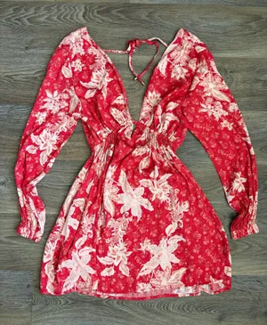 Free People Red Pink Floral Open Back Mini Dress Romantic Fairy Boho S thumbnail 1