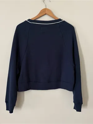 American Eagle Navy Cropped Cardigan Sweater White Trim Button Front Preppy S thumbnail 3
