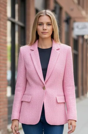 NWT EXPRESS $148 Hourglass Tweed Pink Bouclé Single-Button Blazer Jacket Medium thumbnail 1