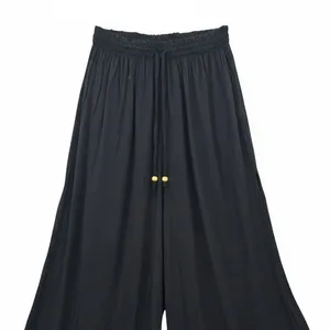 Black Wide Split Flowy Straight Beach Vacation Lounge 90s Pullon Boho Pants XS‎ thumbnail 5