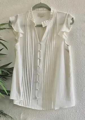 Coquette Vintage Prairie Peasant Mock Neck Ruffle Pleated Top Blouse Shirt Button Up Down Ruffles Sleeveless Office Siren Sz S Pit to pit:17.5” thumbnail 1