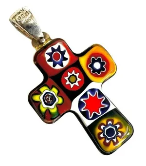Sterling silver Vintage Murano Millefiori Cross Pendant thumbnail 1