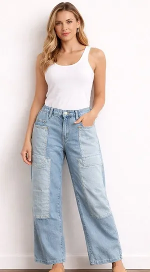 Bohme Wide Leg Jeans Womens‎ 30 Light Wash Pinstripe Patch Utility FL2112HR-BH thumbnail 1