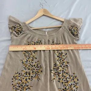 Free People Embroidered Wide Leg Jumpsuit Taupe Beige Boho Smocked Small thumbnail 6