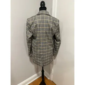 Free People Preppy Academia Plaid Double Breasted Blazer Sz:M Grey Yellow Jacket thumbnail 2