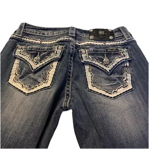 Miss Me Sz 28 STYLE XP 7035B RELAXED Boot Jeans Embellish Dark Blue Distress thumbnail 6