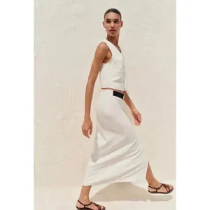 Zara Women Cream Button Front Midi Skirt Gold Brooch Contrast Waistband‎ Slit XL thumbnail 4