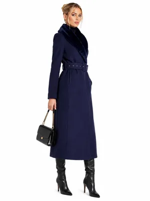 NEW Naked Wardrobe Navy Blue Faux Fur Collar Belted Long Coat Small Winter Lux thumbnail 2