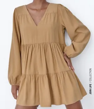 Zara Tiered Tan Mini Dress Women’s XS thumbnail 1