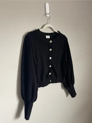 WILFRED Black Button-Front Cropped Puff Sleeve Cardigan Sweater Sz L thumbnail 5