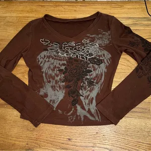 Y2K V-Neck Long Sleeve Top with Black‎ Floral Design size S thumbnail 2