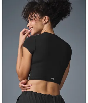 ALO Yoga Black Cropped Crewneck Cap-Sleeve Top thumbnail 2