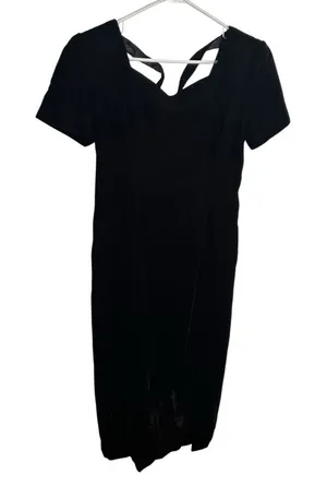 Vintage Maggy London Women's Size 8 Velvet Midi Dress Black Short Sleeve Slit thumbnail 1