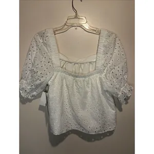 1.State NWT White Eyelet Puff Sleeve Square Neck Crop Delicate Blouse Top SZ M thumbnail 2