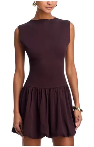 NWT Aqua Womens Ponte Mock Neck Bubble Mini Dress YCGD5097 Brown S thumbnail 1