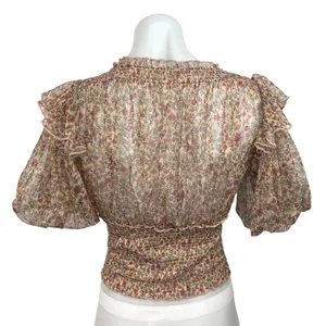 Free People Beatrice Floral Print Brown Lace Up Puff Sleeve Blouse Top Size S thumbnail 9