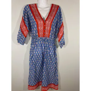 J. Crew Beachwear Blue Red Floral Block‎ Print Midi Dress Tie Waist Women's XS thumbnail 2