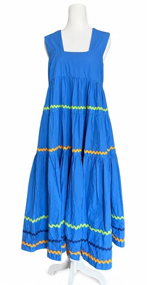 NWT Anthropologie The Helena Square Neck Tiered Ric Rac Blue Motif Dress Small S thumbnail 1