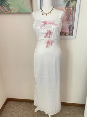 Bella Via The Alexandra Maxi Dress Satin Cutout White Pink Bow Small thumbnail 4