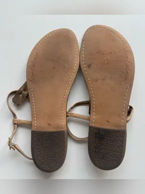 Sam Edelman Tan Leather T-Strap Flat Sandals | Croc Print Insole | Women’s Shoes thumbnail 2