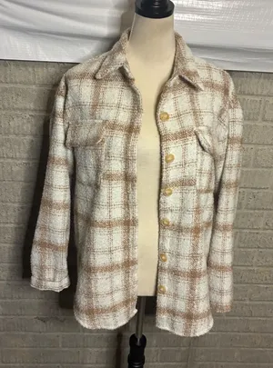 Goodnight Macaroon Tan Cream Plaid Boucle Shacket Shirt Jacket Women‎ Large thumbnail 1