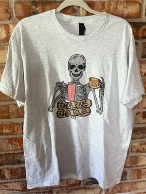 Gildan Light Gray Tee with Skeleton 'Kinda Broke Kinda Bougie' Graphic thumbnail 1