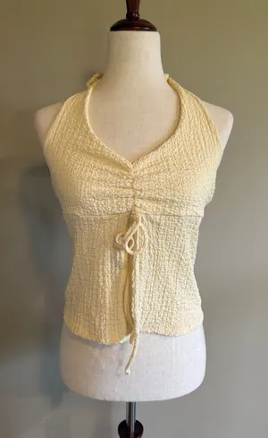 See You Monday Yellow Popcorn Crinkle‎ Halter Top Cinch Front V-Neck Size Medium thumbnail 1
