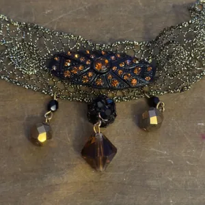 Vintage metallic gold lace choker necklace with crystal dangles thumbnail 4